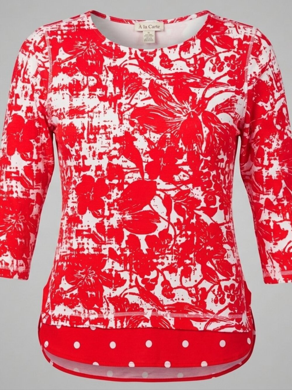 Womens 3/4 Slv Med Novelty Top Red/wht Tunic style floral pattern a la carte